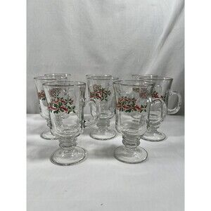 2 Arby's Libbey Holly Berry Irish Coffee Mugs Cups Footed Christmas READ #585